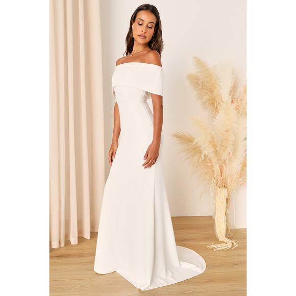 Lulus Bridal NWT Exceptional Romance White Off-the-Shoulder Mermaid Maxi Dress - Picture 1 of 10